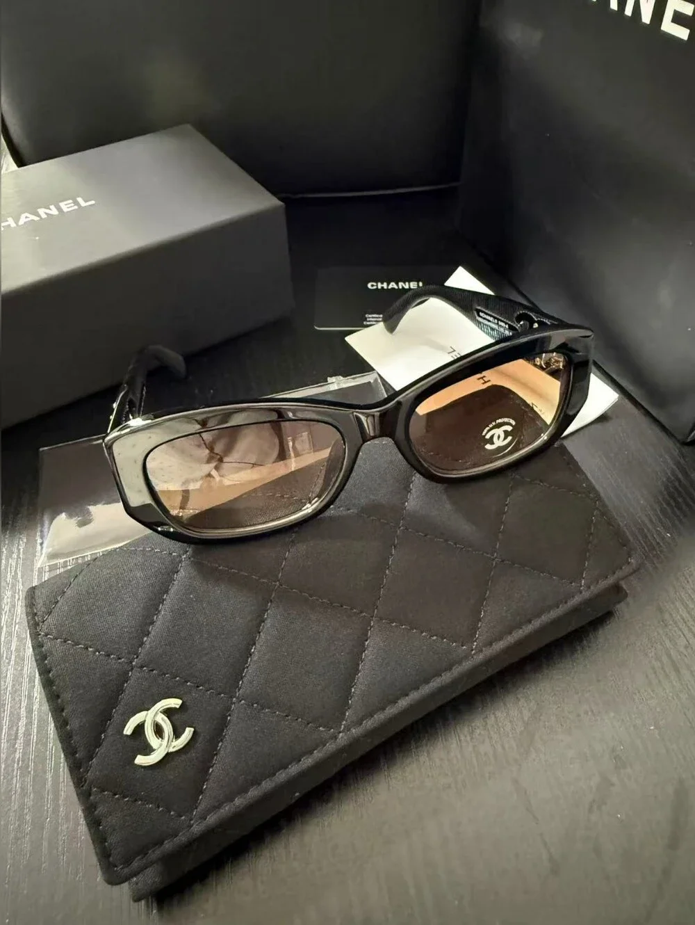 CHANEL Black Frame Sunglasses with Brown Gradient Lenses